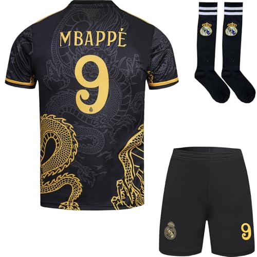 metekoc R. Madrid #9 Mbappe Kinder Trikot Fußball Spezielle Golddrachen-Edition, Shorts und Socken Jugendgrößen (Schwarz, 28 (10-11 Jahre))