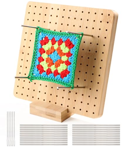 Sperrbrett Für Granny Square,Handcrafted Wooden Blocking Board Häkeln,blocking board für Granny Squares mit 20 Edelstahl Stabstiften und 5 Nadeln,1 Ständer für Strick und Häkelprojekte(28cm)