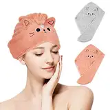 2 Stück Mikrofaser Haartuchwickel Absorbierender Haartuch Katze Schnelltrocknend Haarturban Anti Frizz Haarhandtuch Haartrockentuch für Frauen Mädchen Kinder, Rosa, Grau (Katze)