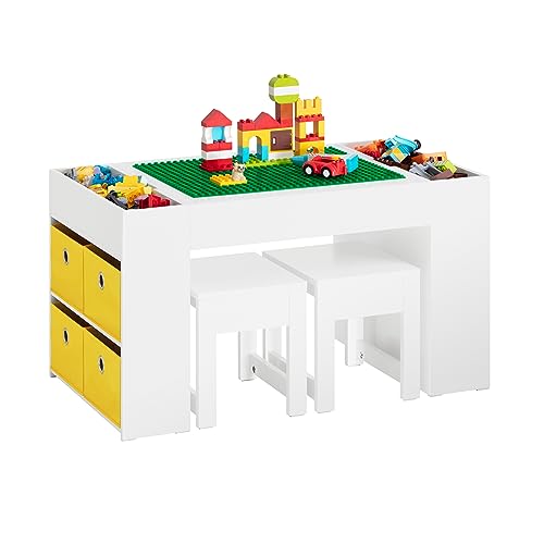 SoBuy KMB75-W Kindertisch mit 2 Stühlen Kindersitzgruppe mit Stauraum Spieltisch kinder multifunktionaler Aktivitätstisch für Kinder Kindersitzgruppe innen Kinder Tisch Stuhl Set Weiß