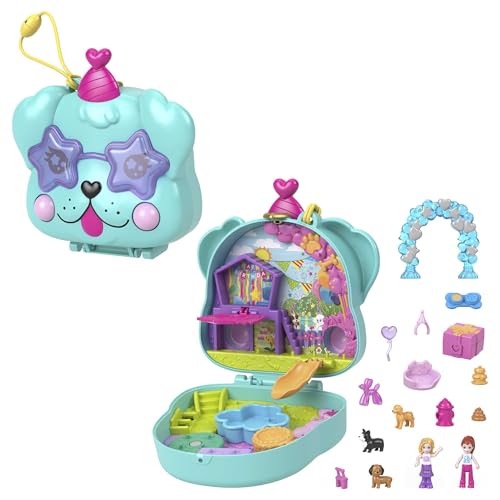 Polly Pocket Hunde-Party Schatulle - Spielset mit 2 Puppen, 5 beweglichen Spielelementen, 14 Accessoires, Hundehütte, Rutsche, Geburtstagskuchen, für Kinder ab 4 Jahren, HKV30