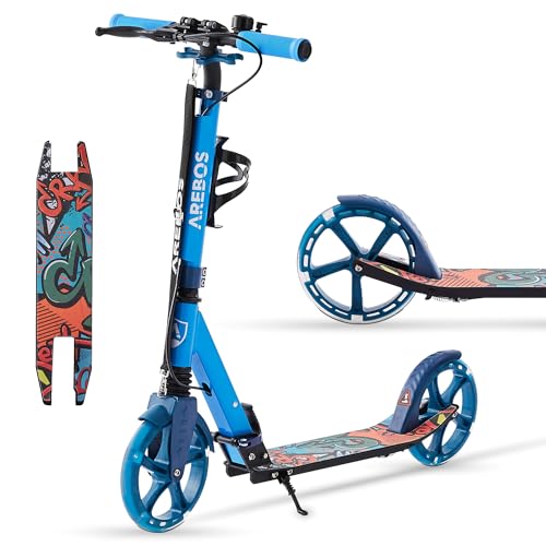 Arebos Cityroller Tretroller mit LED Blau | höhenverstellbar | klappbar | inkl. Tragegurt | Hand- & Trittbremse | für Kinder und Erwachsene | bis 100kg belastbar Roller | Kickroller | Kickscooter