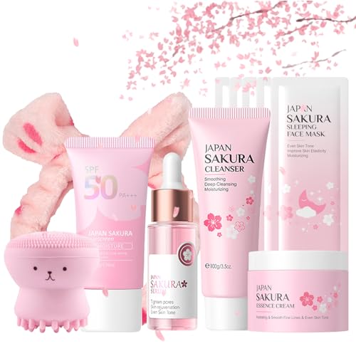 Japan Sakura Skincare Set für Teenager-Mädchen, Sakura Hautpflege Set Geschenkset Frauen, Gesichtspflege Beauty Set, Skin Care Geschenke Set - Cleanser Serum Creme Sunscreen Haarbänder Bürste Maske
