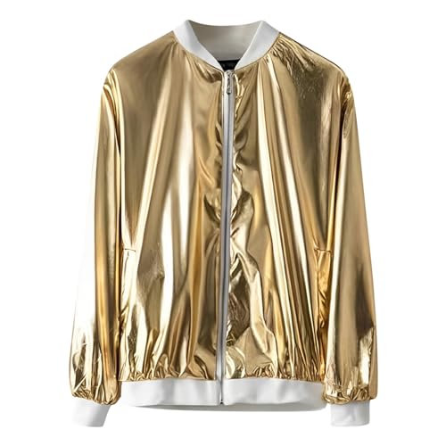 Duohropke Herren Metallic Nightclub Jacke Slim Fit Reißverschluss Varsity Baseball Bomber Glänzend Party Dance Disco Jacken