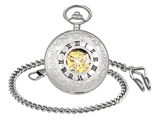 Unendlich U Retro Handaufzug Mechanische Taschenuhr Hohle Skelett Kettenuhr Doppelzeitanzeige Schwarzes Zifferblatt England Stil Silber