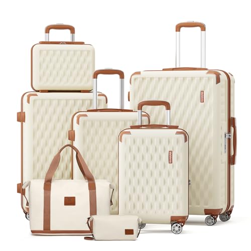 Melalenia Kofferset 7tlg Hartschale Leicht mit 4 Rollen und TSA-Schloss Der Gepäcksets Enthält 1 Kosmetikkoffer 1 Reisetasche und 1 Kulturbeutel Weiß