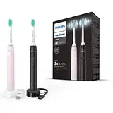 Philips Sonicare 3100 – 2 x elektrische Schallzahnbürste, in Schwarz und Sugar Rose mit 2 x C2 Optimal Plaque Defense-Bürstenköpfen (Modell HX3675/15)