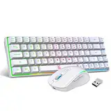 Snpurdiri 60% Tastatur Maus Set Kabellos, LED-Beleuchtung, wiederaufladbare 2000mAh Batterie Small Mini 60 Prozent Wireless Gaming Combo, Ergonomisches Design 6D 3200DPI Maus (Weiß)