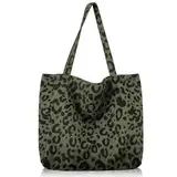 taonganui Canvas Tasche Damen Leopard Umhängetasche Groß Tote Bag Damen Shopper Schultertasche Stofftasche für Alltag Büro Schule Reise Einkauf (Grün)