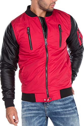 Cipo & Baxx Herren Bomberjacke Fliegerjacke Übergangsjacke mit Rockige Lederärmel Gr.XL Rot