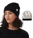 Hat Hut Unisex Slouch Beanie Satin Gefütterte Wintermütze Strickmütze für Haar, Warme Satin Lined Beanie Mütze für Damen Herren (DE/NL/SE/PL, Alphanumerisch, Einheitsgröße, Schwarz)