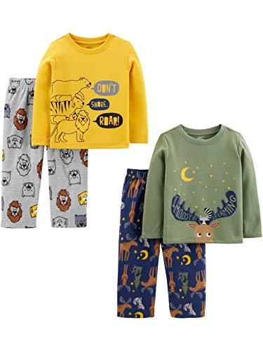 Simple Joys by Carter's Jungen 4-Piece Pajama Set (Cotton Top & Fleece Bottom) Pyjamaset, Gold Löwe/Grau/Marineblau Rentieraufdruck/Olivgrün Sterne, 4 Jahre