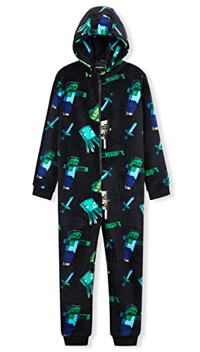 Minecraft Onesie, Jumpsuit Kinder, Schlafanzug Jungen, Ganzkörperanzug Schlafoverall Kinder, Warmer Fleece Overall Hausanzug (5-6 Jahre, Schwarz)