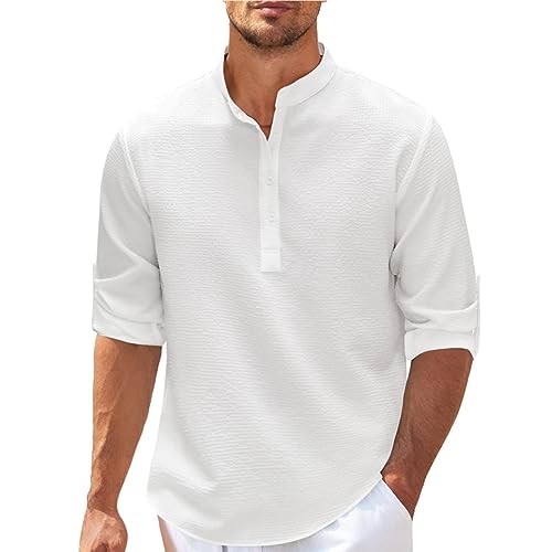 Leinenhemd Herren Langarm Hemd Henley Freizeithemd Stehkragen T-Shirt Langarm Hemdshirt Regular Fit Shirt Leinen Shirt Herren Leinenhemd Herren Blau Weiß Gestreift Hemd Schwarz Herren Ohne Kragen