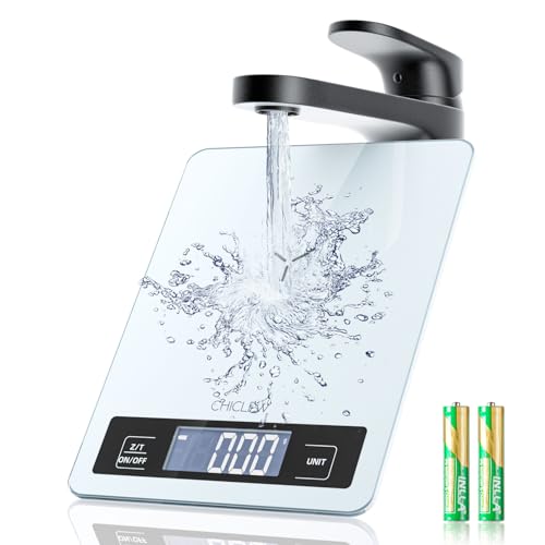 CHICLEW Digitale Küchenwaage Glas, 5KG Digitale Waage Küche, Electronische Haushaltswaage für Küche, Waage Küchenwaage Wasserdicht mit LCD Display, 1g Genaue und Tara Funktion