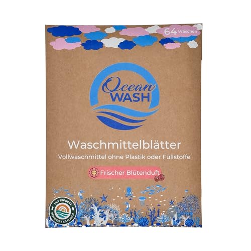 OceanWash Waschmittelblätter Blütenduft, Waschblätter Waschmaschine für alle Textilien und Farben, Waschtücher biologisch abbaubar, Laundry Detergent Sheets Vollwaschmittel, 64 Wäschen