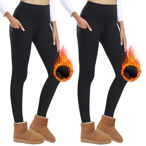 AMIYOYO 2er Pack Thermo Leggings Damen mit Taschen Gefütterte Leggins Winter High Waist Thermoleggings Fleece Thermohose Blickdicht Warm Strumpfhose