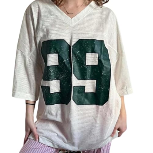 Pinclodly Jersey-Shirts für Damen, Nummer-Grafik, kurzärmelig, lässig, V-Ausschnitt, Baggy-T-Shirt, Y2K, Grunge-Shirts, Weiße Jersey-Hemden, XX-Large