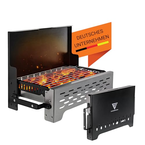 SCHNEIDERFREUDE Premium Camping-Grill: Der tragbare Klappgrill für echte Grillfans - Designed und geprüft in Deutschland für das ultimative Outdoor-Erlebnis, Holzkohlegrill, BBQ-Grill, Tischgrill