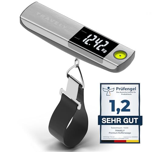 TRAVELY Premium Kofferwaage aus gebürstetem Edelstahl bis 50KG I Gepäckwaage mit praktischem Maßband und integrierter Wasserwaage für genauste Messungen. weight Scale digital mit haken