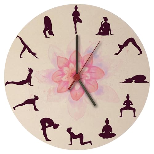 speecheese Yoga Wanduhr mit verschiedenen Yogastellungen Witzige Uhr für Yogasport Yogastudio mit Blumenmotiv für mehr Sport und Beweglichkeit im Alltag