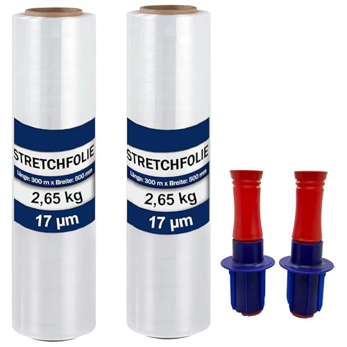 Stretch Wrap Film-2 Pack, 50 cm / 2.65kg, 17 μm, 300m, Stretch Industrial Strength for Pallet Wrap, Moving, Shipping, Packaging, Furniture Wrapping Moving & Protection,2 Roll with Handles (2 Stück)