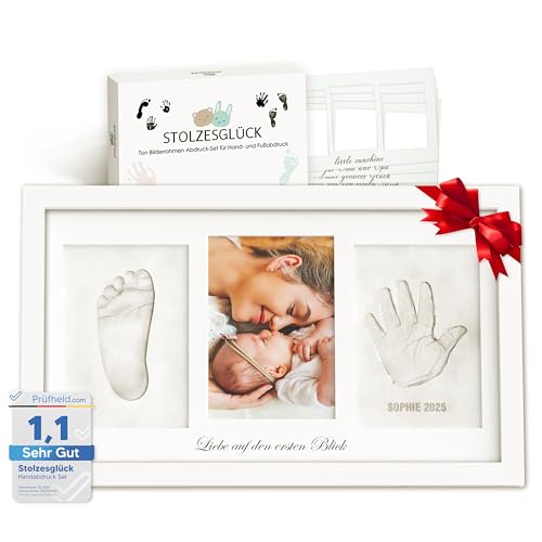 Stolzesglück Premium Fußabdruck Handabdruck Baby Tonabdruck XXL SET 4+1 DESIGNS | Personalisierbar, inkl. Zubehör, Echtholz Rahmen | Tonabdruck Baby Hand & Fuß