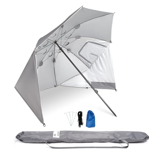 BESTIF Sonnenschirm Strandmuschel Groß XXL | Robuster 2IN1 Schirm für Strand Garten | Sonnenschutz UV-Schutz 50 | faltbar multifunktional | Fenster 210x220cm (Grau)