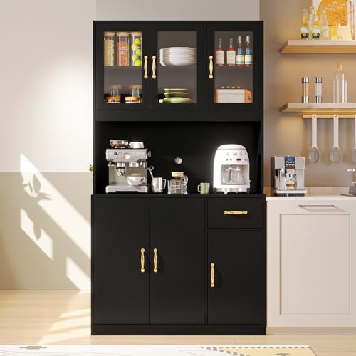 VOWNER Küchenschrank, Küchenbuffet, Vitrinenschrank, Buffetschrank, Mehrzweckschrank, Hochschrank mit 5 Schränken, Verstellbaren Ablagen, Spanplatte, 100 x 40 x 181cm, Schwarz