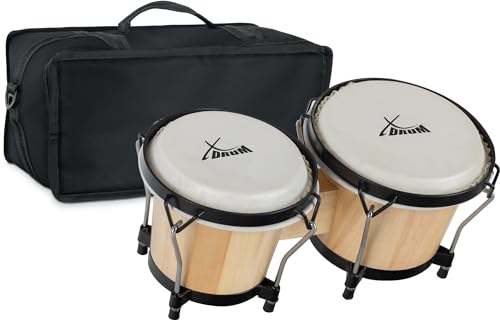 XDrum Bongos Club Set - 6" Macho und 7" Hembra - Naturfelle - professionelles Stimmsystem - Schwarz satinierte Hardware - Set inkl. gepolsterter Bongotasche aus Nylon - Natur