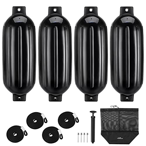 Affordura Bootsschutzblech, 4 Stück, Bootsstoßstangen, Kotflügel, 25,4 cm, mit 4 Seilen, Bootsstoßstangen für Pontonboote, aufblasbar (schwarz)