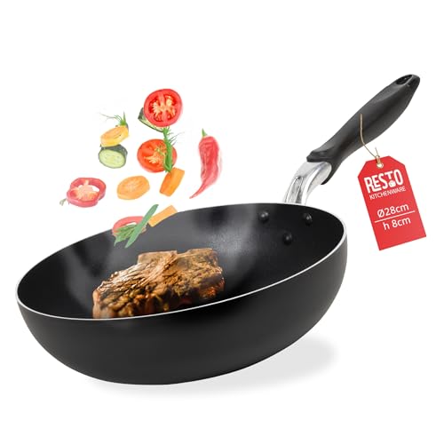 RESTO moderne Wokpfanne 28 cm, Wok, Bratpfanne mit hohem Rand - Antihaftbeschichtung – Ergonomischer Griff mit Aufhängeöse und Antiverformungsscheibe - Für alle Herdarten geeignet, auch Induktion