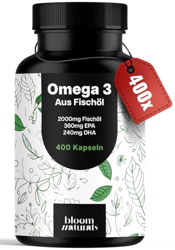 Omega 3 Kapseln Hochdosiert - 400 Kapseln mit 2000mg - EPA 360mg & DHA 240mg Fischöl pro Tagesportion - Omega 3 Fettsäuren Kapseln, produziert in Deutschland Laborgeprüft