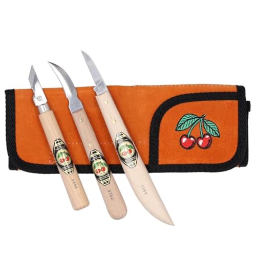 KIRSCHEN Werkzeuge 3307000 Schnitzmessersatz in Veloursleder-Tasche, 3-teilig - Kerbschnitzmesser für Anfänger & Profis