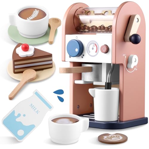 GAGAKU Kaffeemaschine Kinder Holz mit Sound 15 Teile Kinderküche Spielzeug mit Geräusch Kinderkaffee Kinder Küche Spielküchen Zubehör Kaffeemühle Geschenke für Jungen und Mädchen ab 3 Jahre