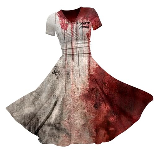 YULONGESS I´m Fine Halloween Kleid Damen mit Blutigem Print Mittelalter Kleid Problem Gelöst Drucken Halloween-Kostüm V-Ausschnitt Kurzarm Kostüm Party Bequemer Cocktailkleid Halloween Karneval