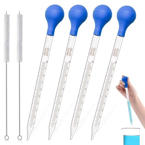 qingmeng 4 Stück Glaspipette, Pipette 10 ml Glas mit 2 Stück Bürsten Pipetten Kinder Pipette Groß Lang Pimpette Transferpipetten Pipettenstopfen Messzylinder Glas Messpipette für Labor Medizin Schule