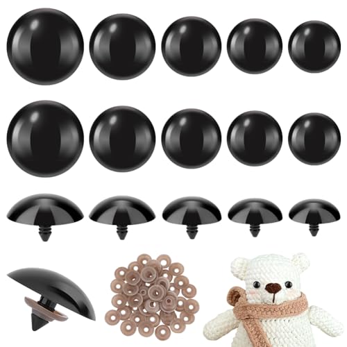 AHANDMAKER 50 Set 26~40 mm Große Sicherheitsaugen, Stofftieraugen, Kunstharz-Sicherheitsaugen Mit Unterlegscheiben Für Die DIY-Bär-Häkelpuppenherstellung, 5 Größen, Schwarz