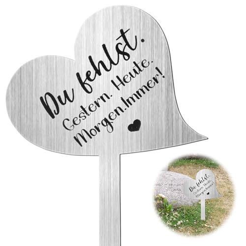 Herz Grabstecker Edelstahl Grabschmuck mit Spruch Du Fehlst. Gestern. Heute. Morgen. Immer! Grabschmuck, Grabdekoration Wetterfest Frostbeständig Grabschmuck zum Erinnerung Andenken Dekoherz Trauer