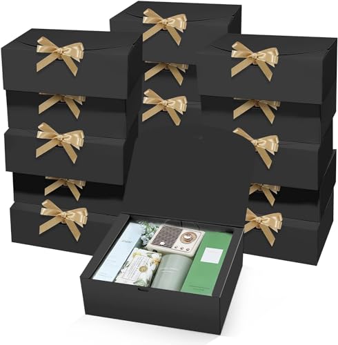 LATERN 15 Stück Geschenkboxen mit Deckel, 25CM x 20CM x 10CM Schwarz Geschenkbox aus Kraftpapier Brautjungfern Antragsbox mit Goldband für Hochzeit Geburtstag Weihnachten Party Verpackung Gegenwärtig