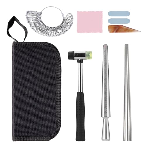 9 Stück Ringgrößenwerkzeug Ringmaß-Set mit Metallring-Mandrel, Ringgrößenmessern, Metallstab, Gummihammer, Achat-Kratzwerkzeug, Polierstäbe, Poliertuch, Aufbewahrungstasche für Schmuckherstellung