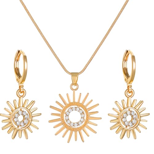 FDEETY Schmucksets für Damen Mädchen Sonne Schmuckset mit Zirkonia Halskette Elegant Vintage Ohrringe Schmuck 2 Teiliges Set für Weihnachten Valentinstag Muttertag