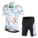 L PATTERN Kinder Radtrikot Set Jungen radsport anzüge (Fahrrad Trikot Kurzarm + Radhose) Mädchen Fahrradbekleidung Anzug mit Sitzpolster, Cartoon freudig Welt Weiß, 146/152(Tag:XL)