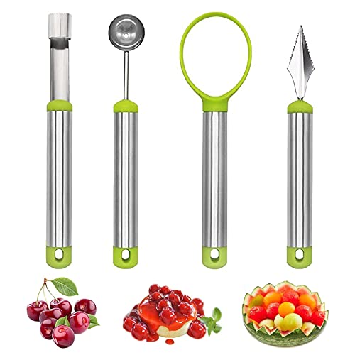4 Stück Obst Werkzeug Set CTDMJ Edelstahl Obstwerkzeug Set Multifunktion Obstschnitzmesser Set Fruchtschnitzwerkzeug Melonenlöffel Kugelausstecher Edelstahl Küchenwerkzeug Cutter für DIY-Obstsalate
