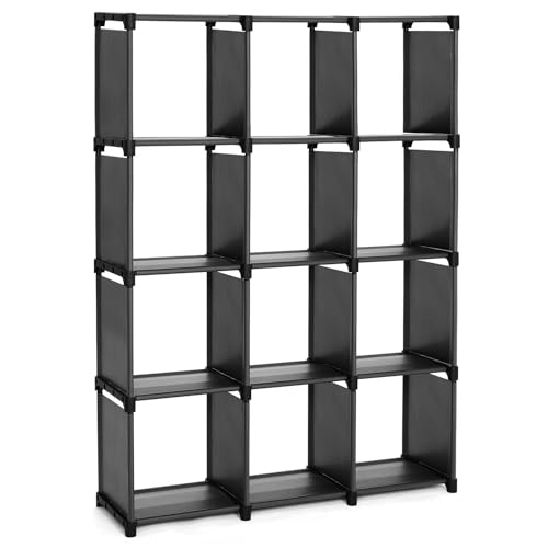 SONGMICS Aufbewahrungseimer, Bücherregal mit 12 Fächern, modularer Schrank, für Wohnzimmer, Schlafzimmer, Badezimmer, 105 x 30 x 140 cm, Gummihammer inklusive, Schwarz LSN12BK