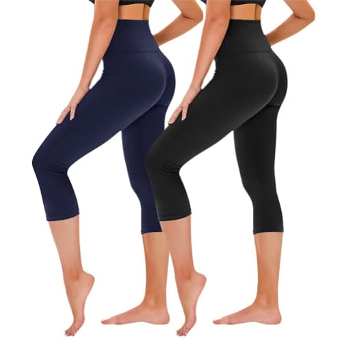 TNNZEET 3/4 Leggings Damen Capri Leggins für Sport, 7/8 Sporthose High Waist Sportleggings für Gym(Schwarz/Marineblau,L-XL)