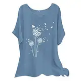 Sportbekleidung für Damen Kurzarm Sommer-Damen-Kurzarm-T-Shirt mit Rundhalsausschnitt, Blumen-Buchstabe, Top, lässig, schmal, T-Shirt, Bluse Sport Oberteile Frauen Kurzarm (Blue, L)