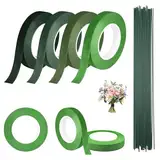 UPUPGO 4 Stück Floristenband Kreppband Grün 12mm Floristik Kreppband Blumendraht, Floral Selbstklebend Blumenband Floristikdraht für Bouquet Blumensträuße Kunsthandwerkk 27m/Rolle