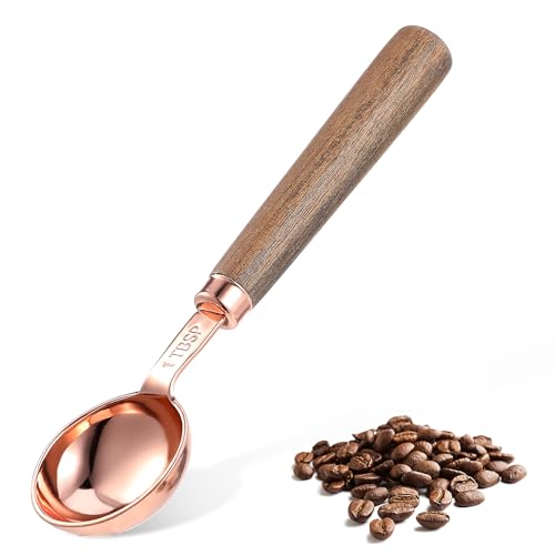 Prasacco Messlöffel, 15 ml Roségoldener Messlöffel Edelstahl Messlöffel mit Holzgriff Messlöffel mit Doppelskala für Kaffee, Tee, Gewürze, Honig (17,3 x 4,4 x 1,7 cm)