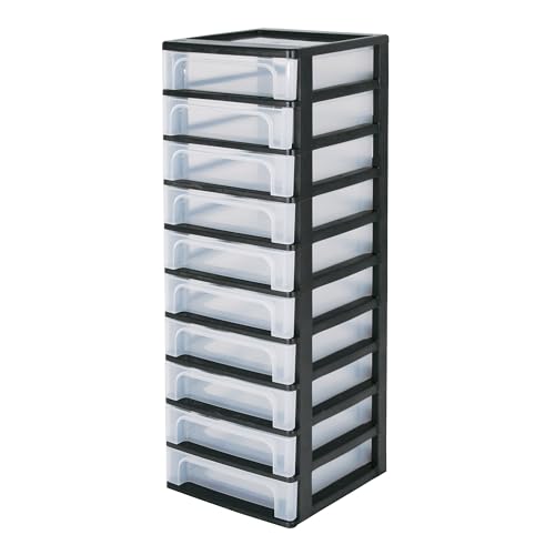 Iris Ohyama, Kunststoff Schubladenbox mit 10 tiefen Schubladen, Schwarz, Easy-Pull-System, A4, A5 & A6 Format, Schreibtisch Organizer für Büro, Schule, Schreibwaren, BPA-frei, Schubladenschrank,